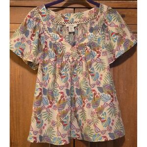 Haute Hippie Shirt Womens Medium Floral Flouncy Short Sleeves Bohemian Cotton